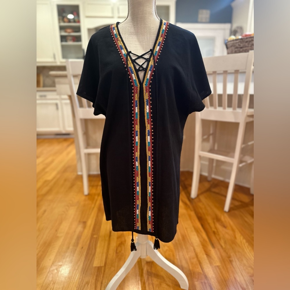 Piper By Townsen black shirt sleeve beaded boho embroidered shirt dress